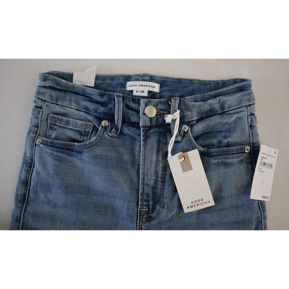 Good American GBS075T Women's Sz 0/25 Blue Bermuda Shorts w/ Frayed Hemline $99+ - Picture 3 of 8